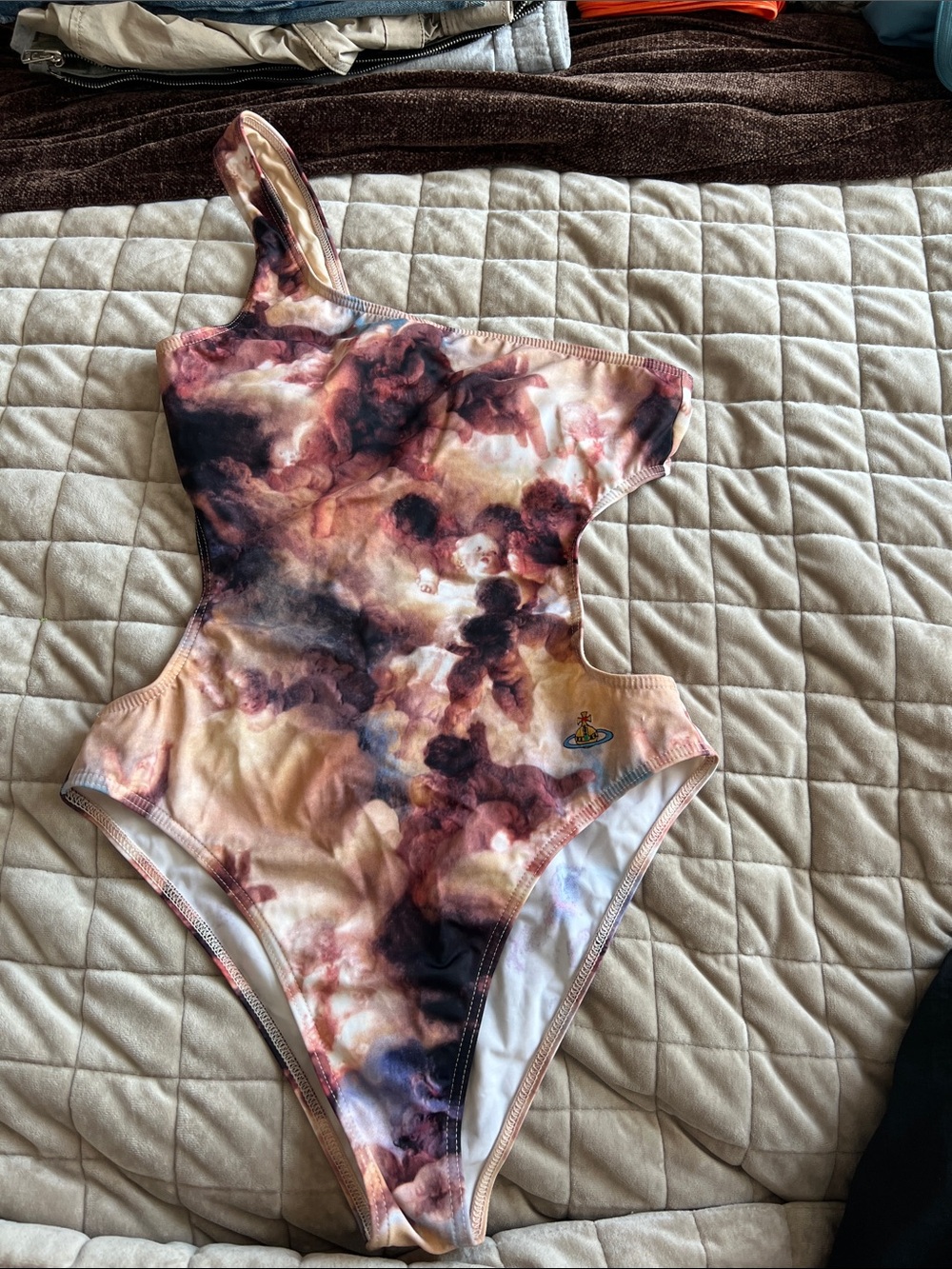 One-Shoulder Tie-Dye Cutout Swimsuit in Peach & Brown